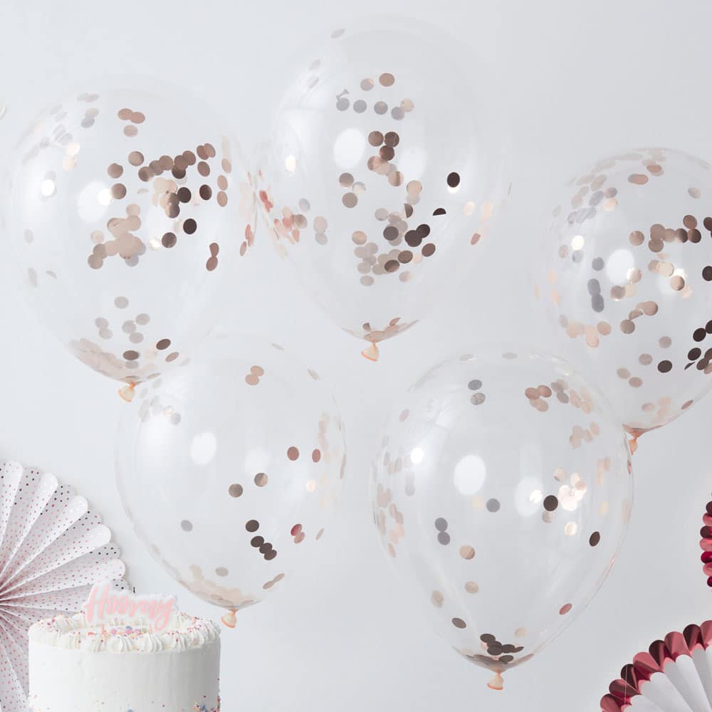 Ballonger med rosegull rundt konfettifyll