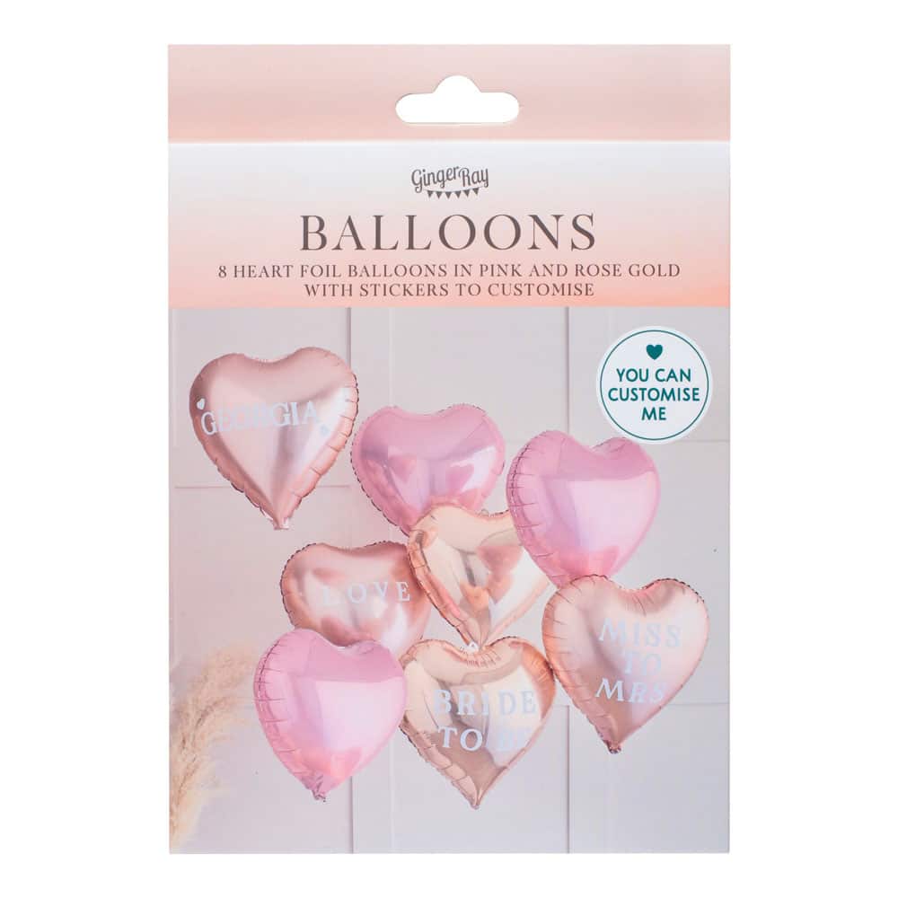 Heart balloons in rose gold and gold with customizable stickers