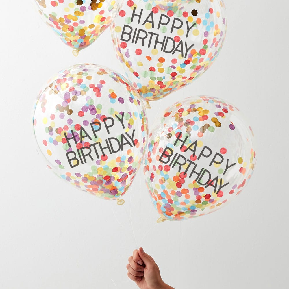 Happy Birthday-ballonger med regnbuekonfetti