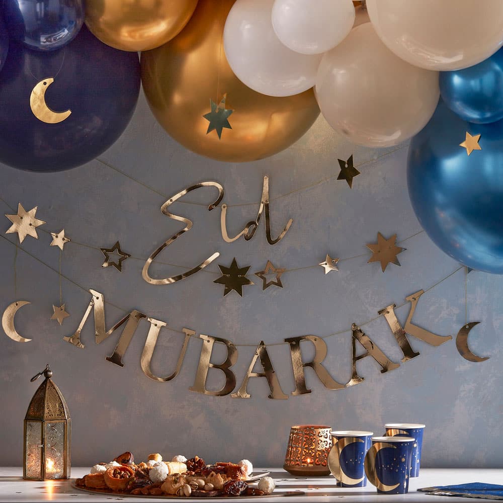 Eid Mubarak foliebanner i gull med måne og stjerner