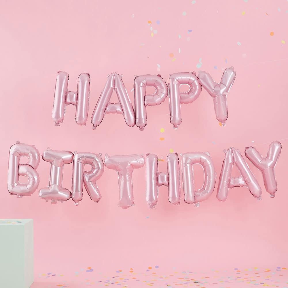 Ballongbanner "Happy Birthday" i matt rosa