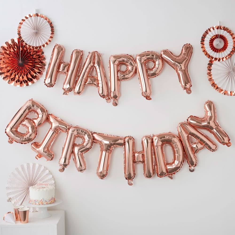 Happy birthday ballongbanner i roségull
