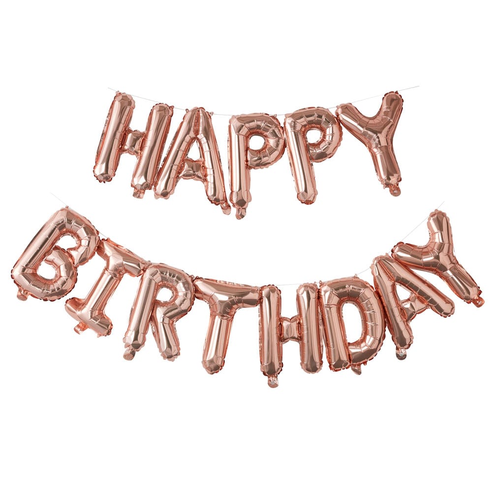 Happy birthday ballongbanner i roségull