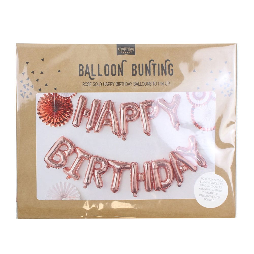 Happy birthday ballongbanner i roségull