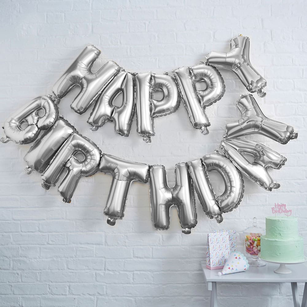 Happy birthday-ballongbanner i sølv