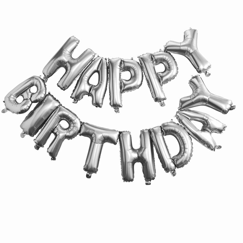 Happy birthday-ballongbanner i sølv
