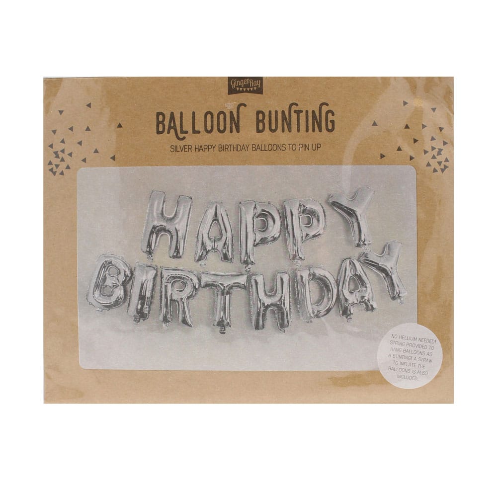 Happy birthday-ballongbanner i sølv