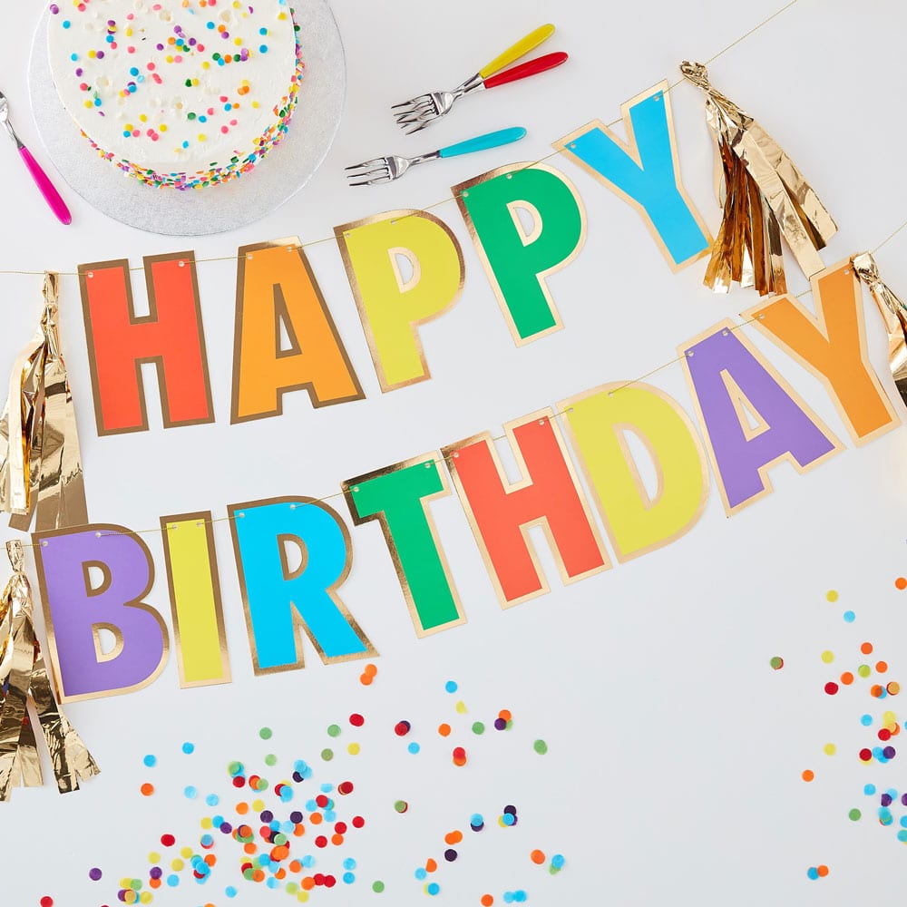 Happy Birthday regnbuefarget bursdags-banner med dusker