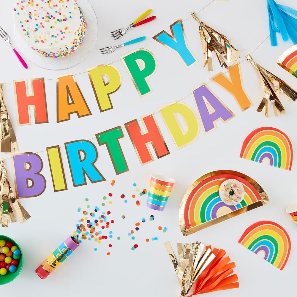 Happy Birthday regnbuefarget bursdags-banner med dusker