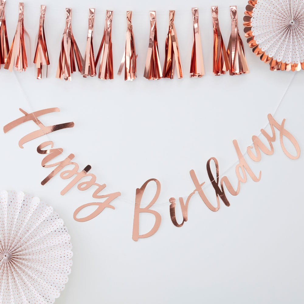 Happy Birthday bursdagsbanner i roségull