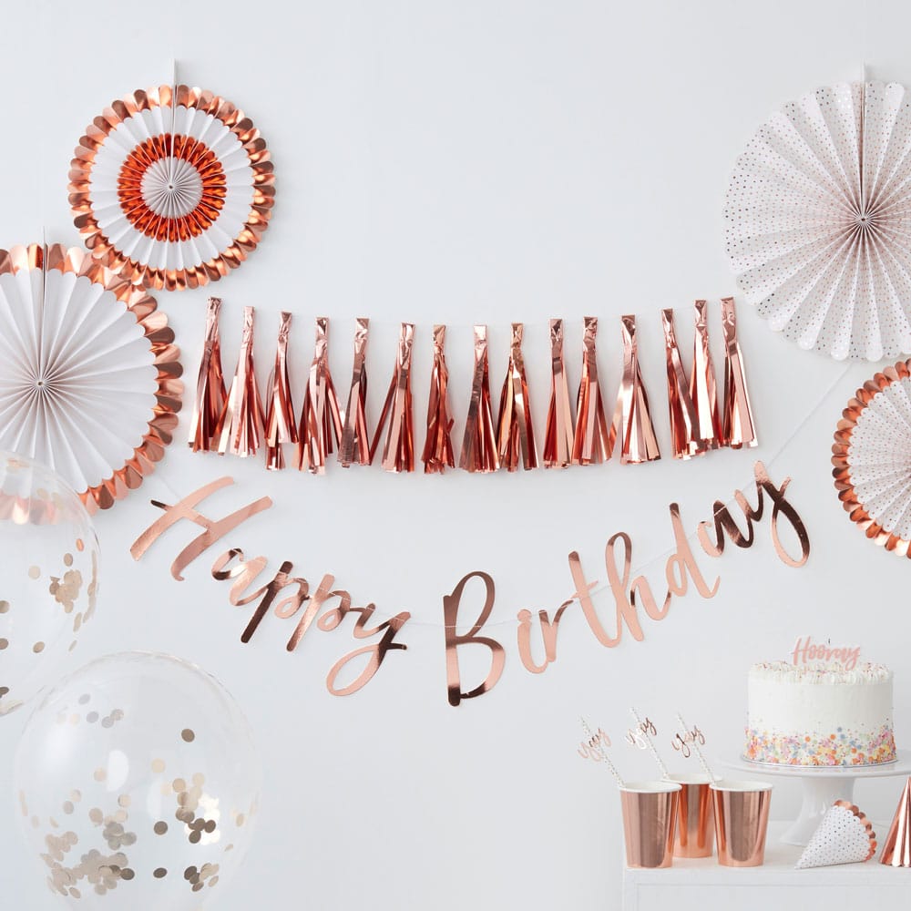 Happy Birthday bursdagsbanner i roségull
