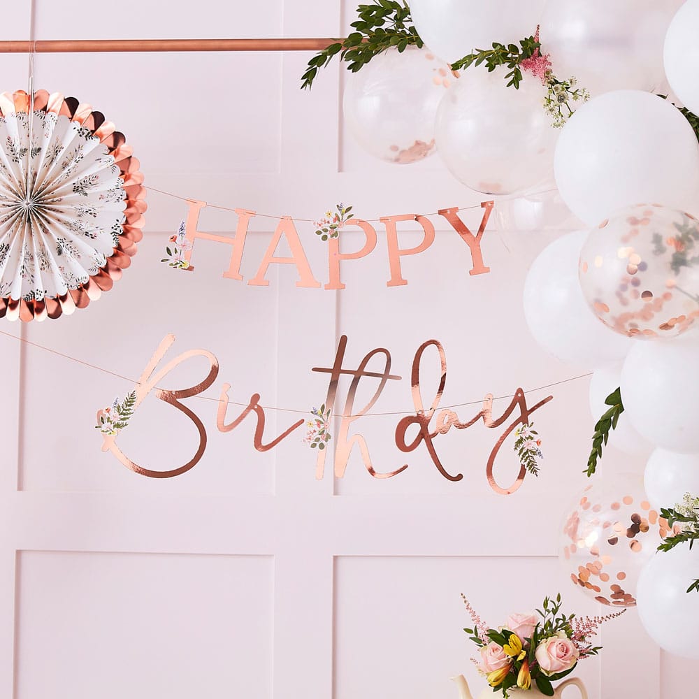 Rosegull Happy Birthday-banner med blomster