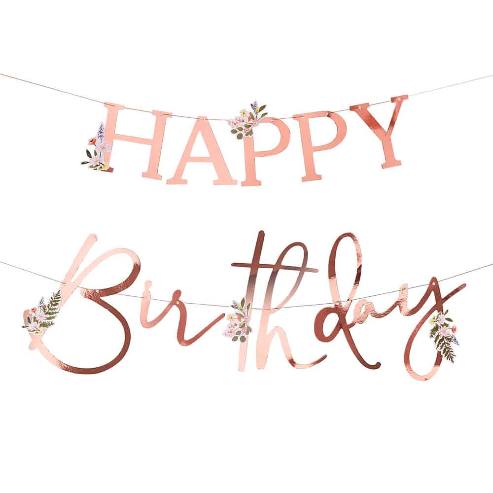 Rosegull Happy Birthday-banner med blomster