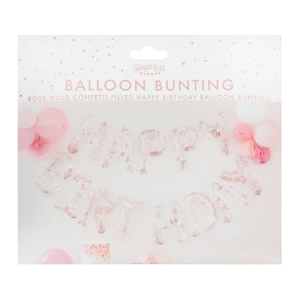 Happy birthday gjennomsiktig ballong-banner med roségull konfetti