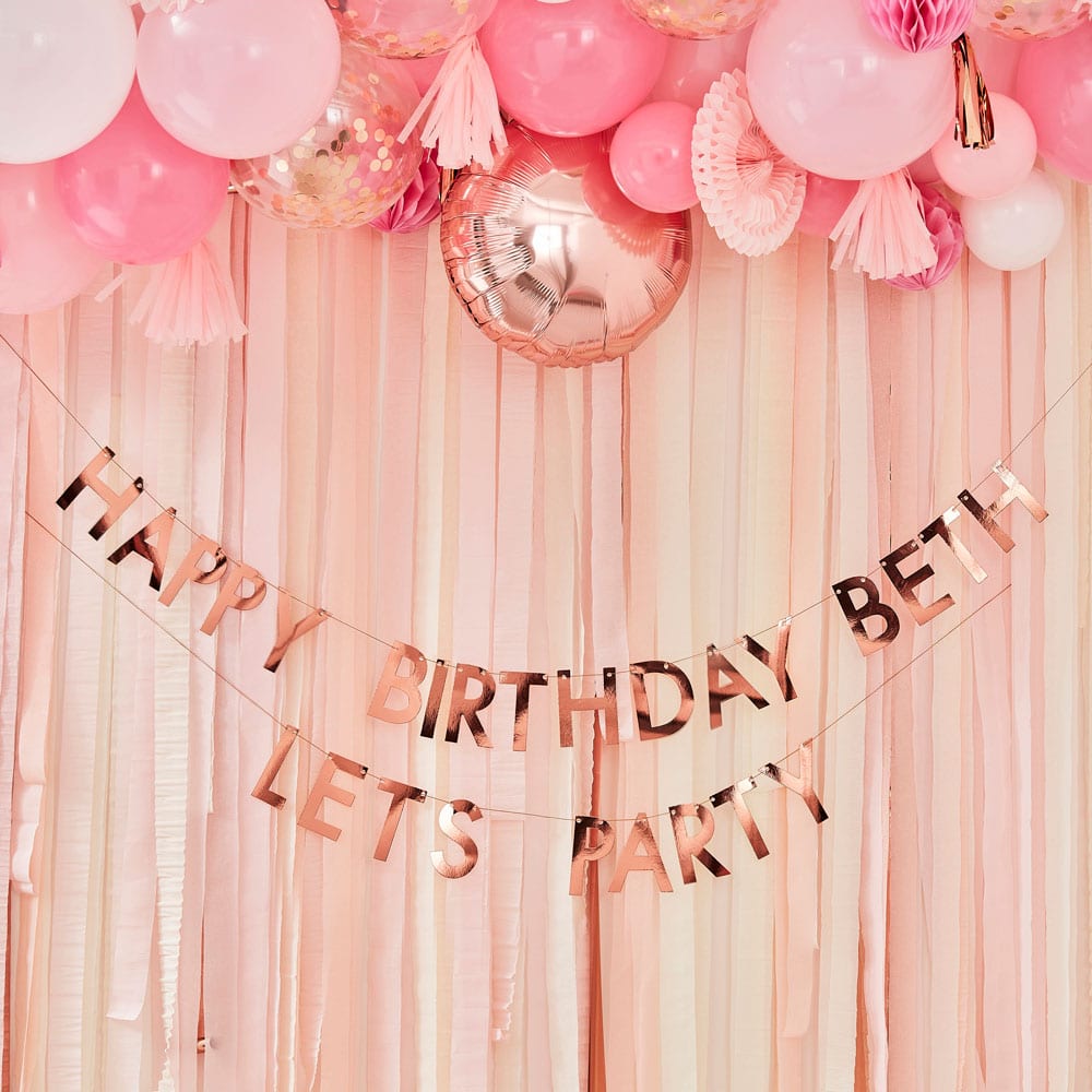 Happy Birthday personlig tilpassbar bursdags-banner med navn i roségull