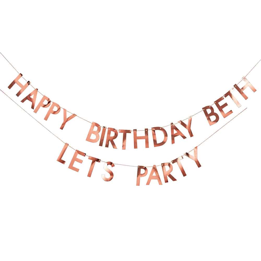 Happy Birthday personlig tilpassbar bursdags-banner med navn i roségull