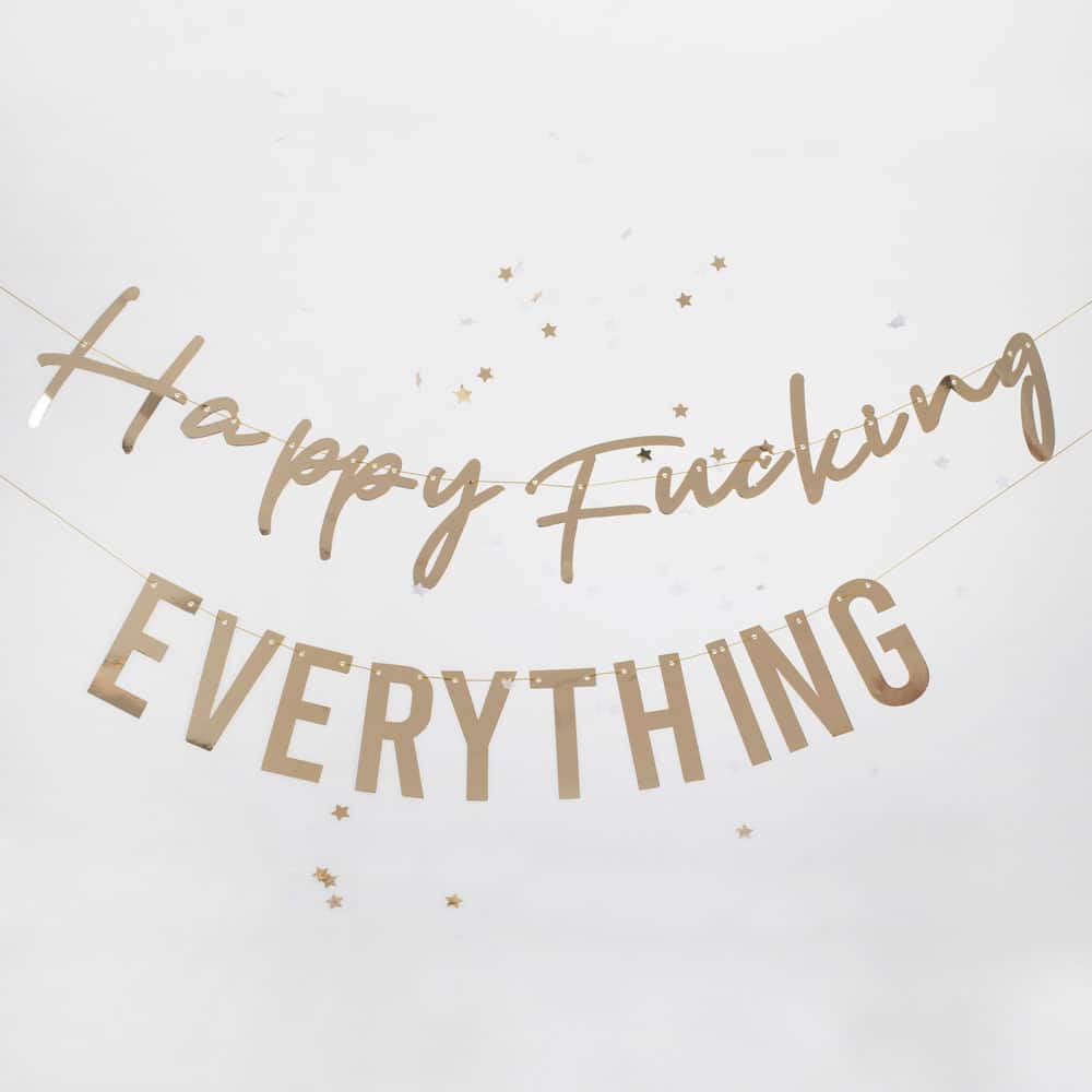 Gratulasjonsbanner "Happy Fucking Everything" i gull