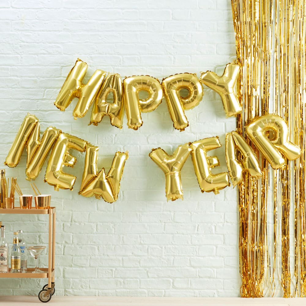 Happy New Year-ballongbanner i gull