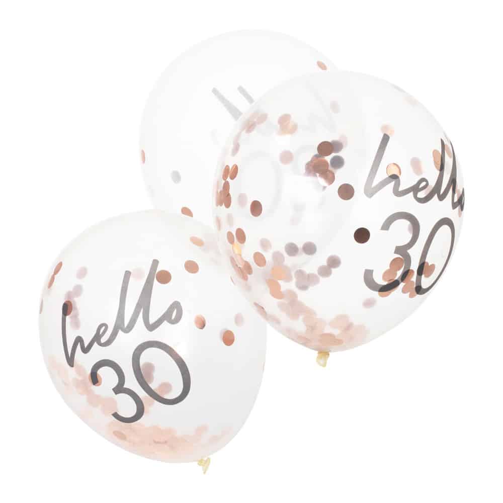 Hello 30 år bursdagsballonger med konfetti