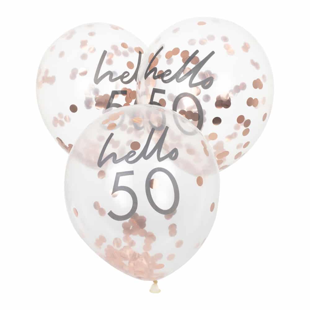 Hello 50 års bursdagsballonger med konfetti