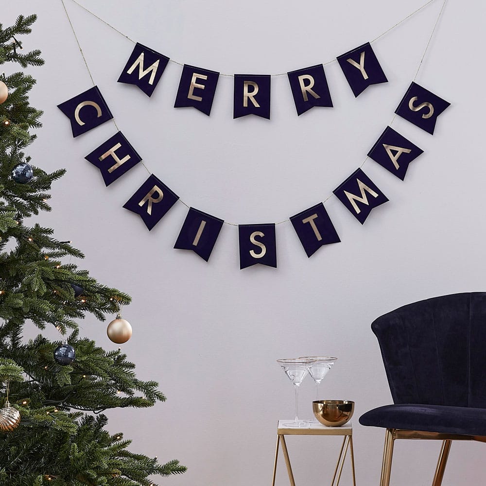 Merry Christmas banner in navy blue velvet with gold lettering