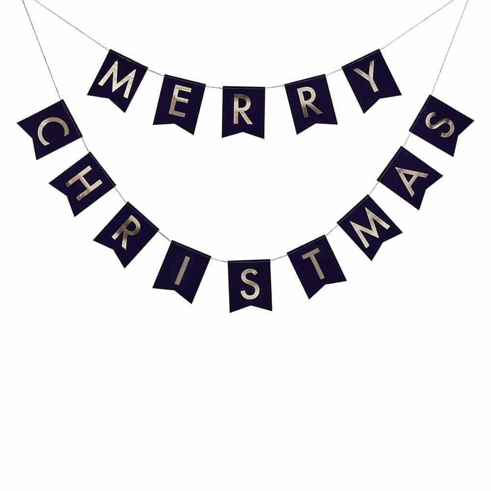 Merry Christmas banner in navy blue velvet with gold lettering