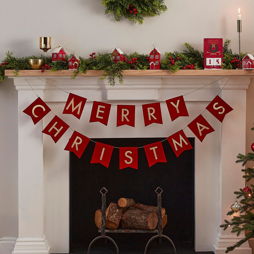 Merry Christmas banner i rød fløyel med gullskrift