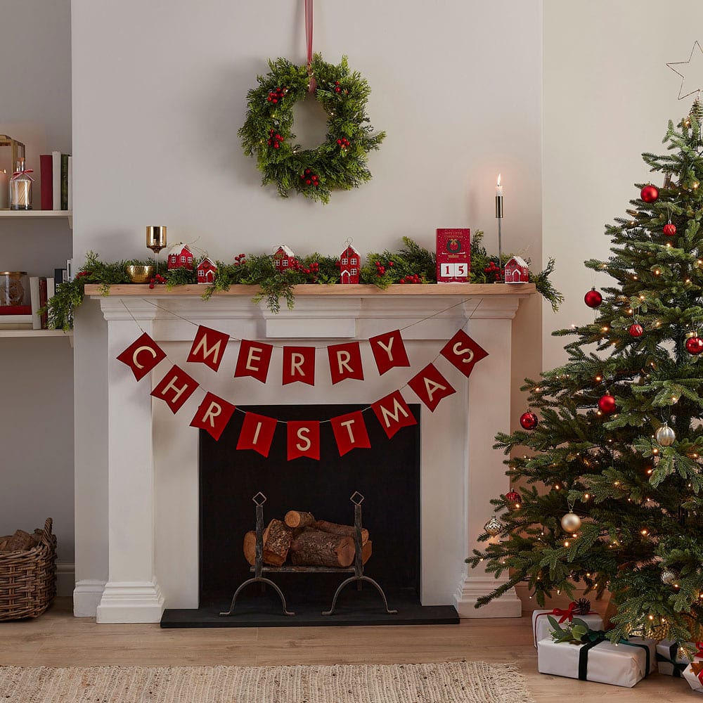 Merry Christmas banner i rød fløyel med gullskrift