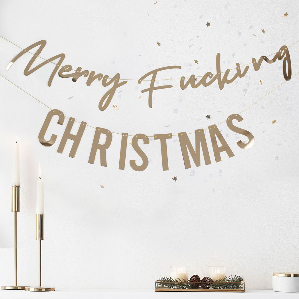 «Merry Fucking Christmas»-banner i gull