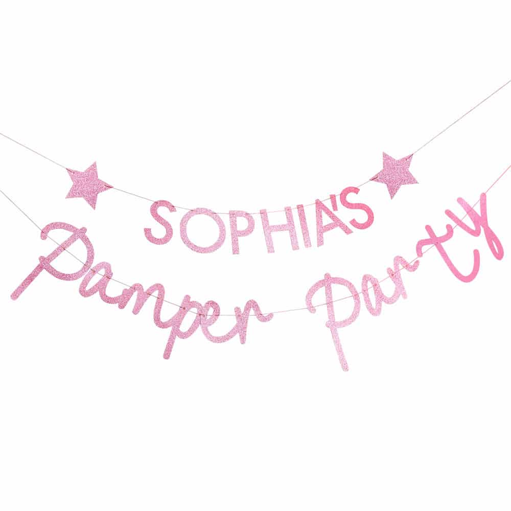 Pamper Party personaliserbart banner i rosa glitter
