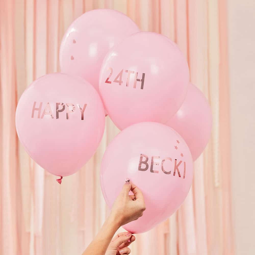 Pink and rose gold balloons with customizable text