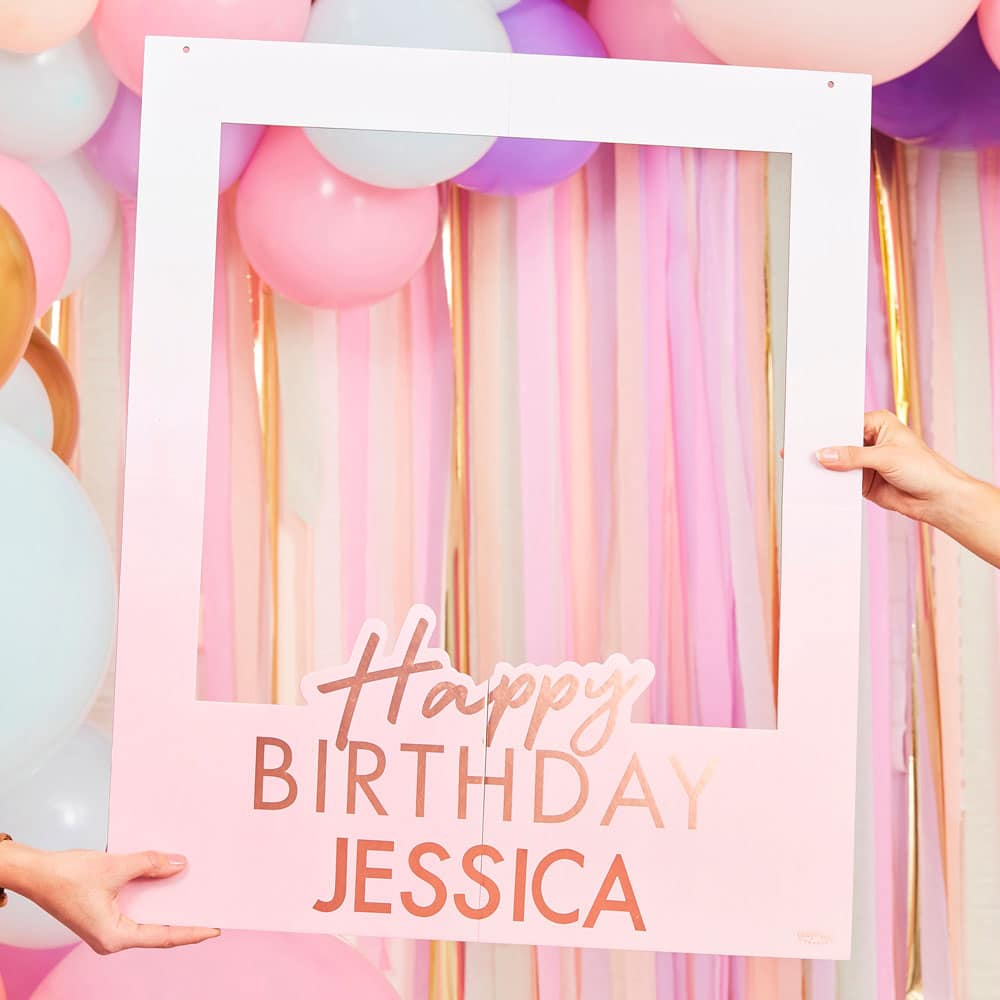 Rose gold-foiled pink birthday frame with customizable text