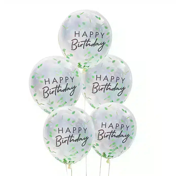 Happy birthday ballonger med blad konfetti