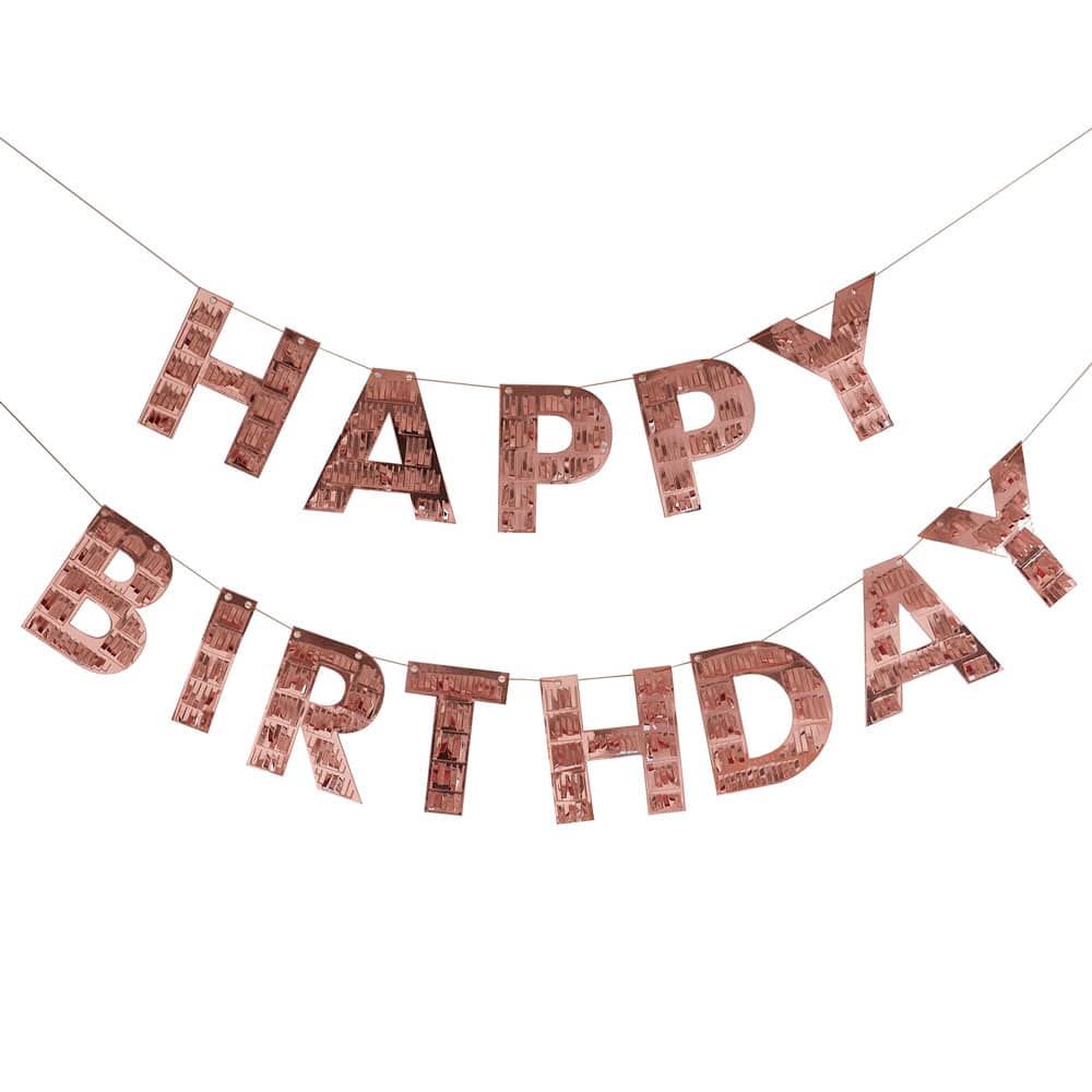 'Happy Birthday' frynsete banner i rosegull