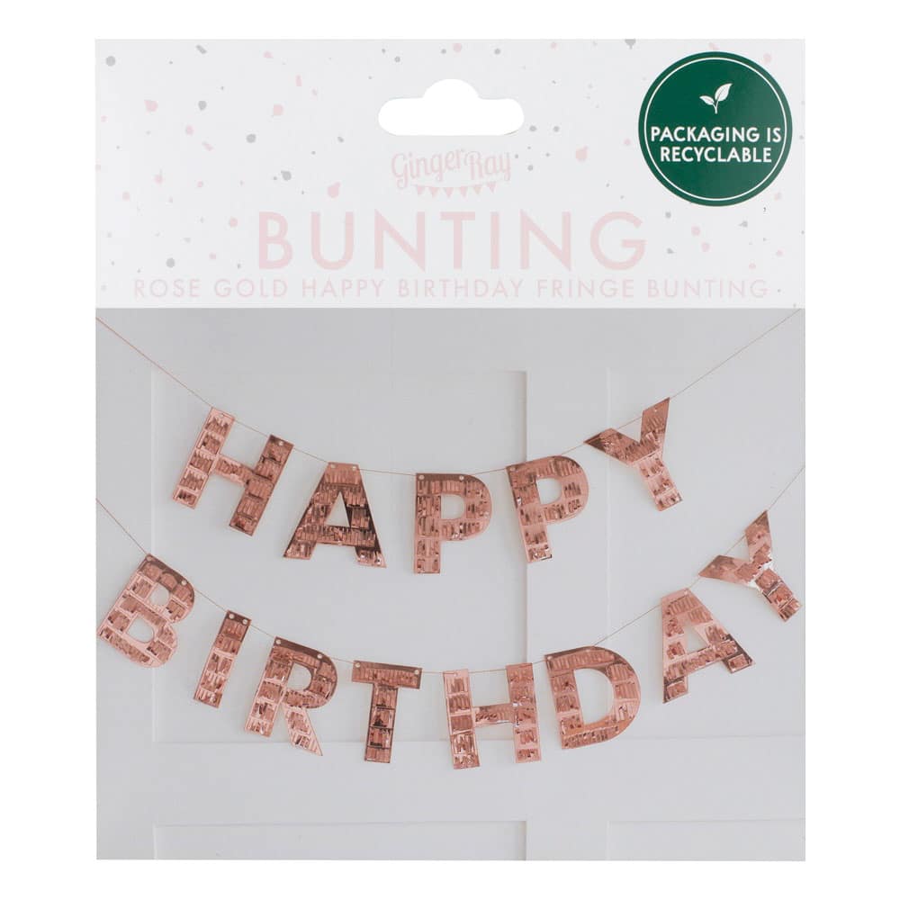 'Happy Birthday' frynsete banner i rosegull