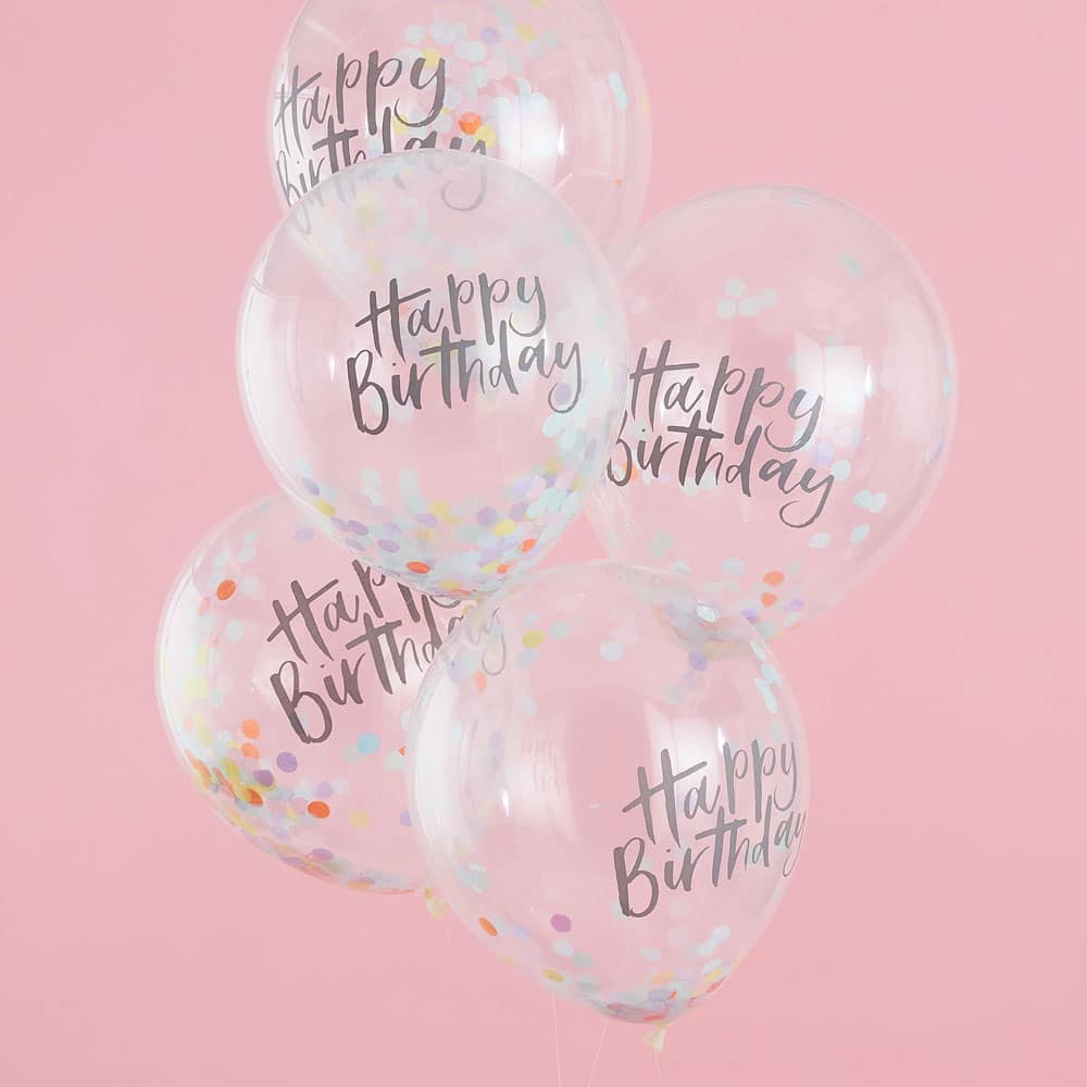 'Happy birthday' ballonger med pastellkonfetti