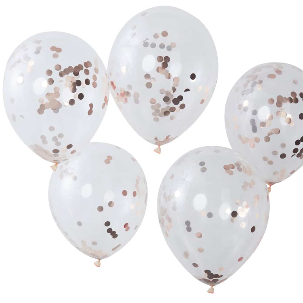 Ballonger med rosegull rundt konfettifyll