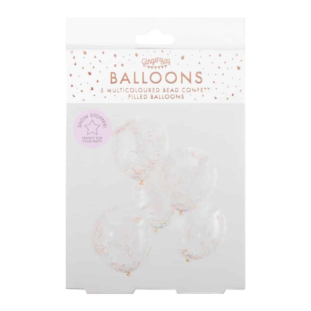 5 ballonger med regnbuefarget perlekonfetti