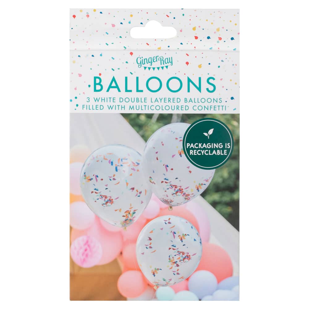 3 hvite ballonger med regnbuefarget konfetti