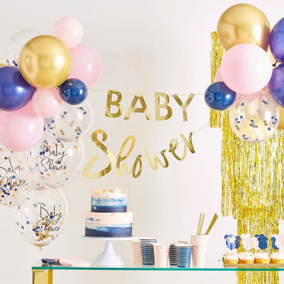 Gold Baby Shower Banner with 28 Balloons
