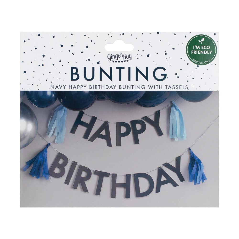 Happy birthday bursdagsbanner i marineblått med dusker