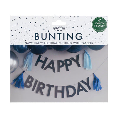 Happy birthday bursdagsbanner i marineblått med dusker