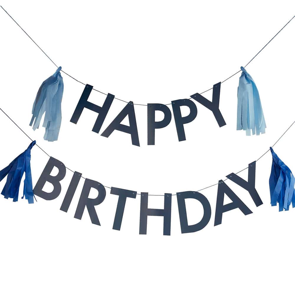Happy birthday bursdagsbanner i marineblått med dusker