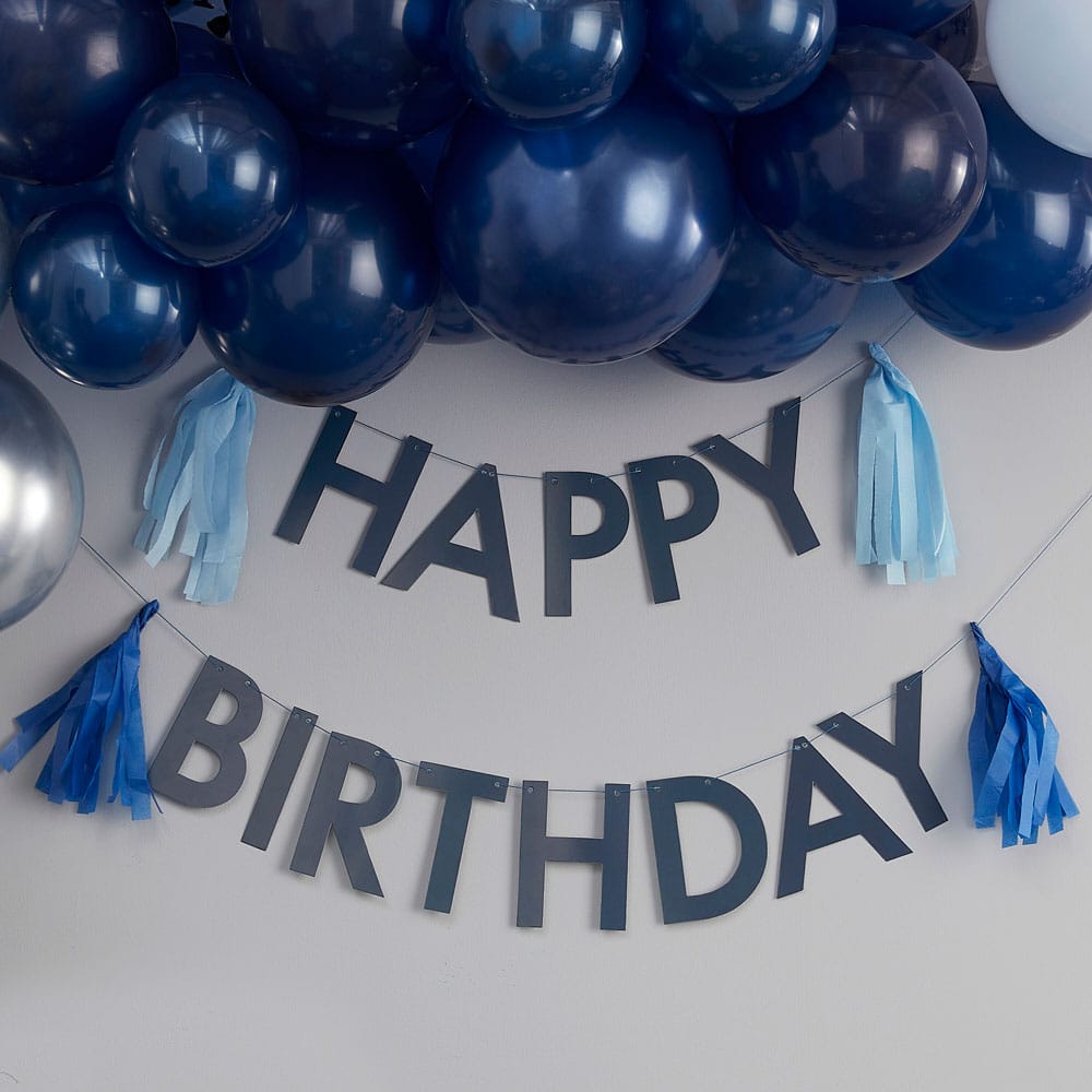 Happy birthday bursdagsbanner i marineblått med dusker