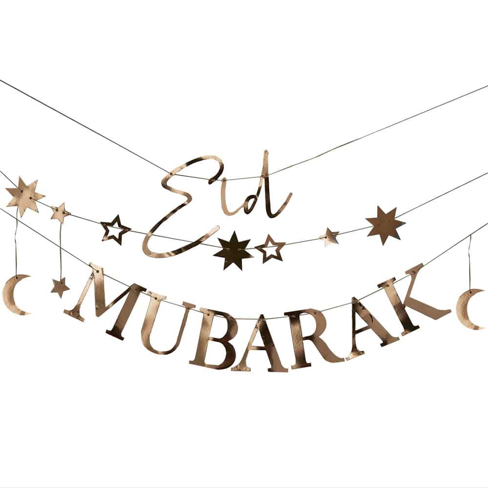 Eid Mubarak foliebanner i gull med måne og stjerner