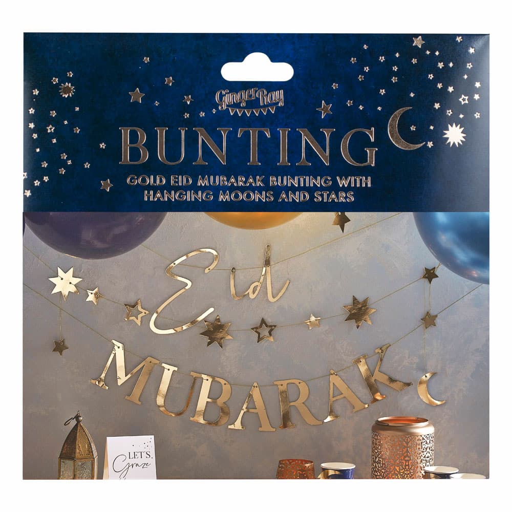 Eid Mubarak foliebanner i gull med måne og stjerner