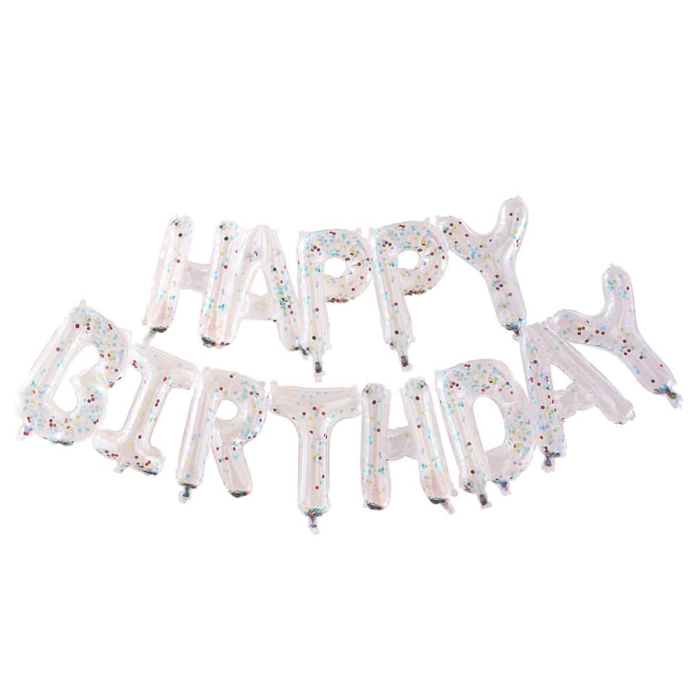 Happy birthday gjennomsiktig ballong-banner med farget konfetti