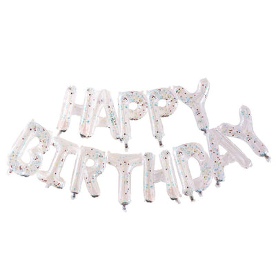Happy birthday gjennomsiktig ballong-banner med farget konfetti
