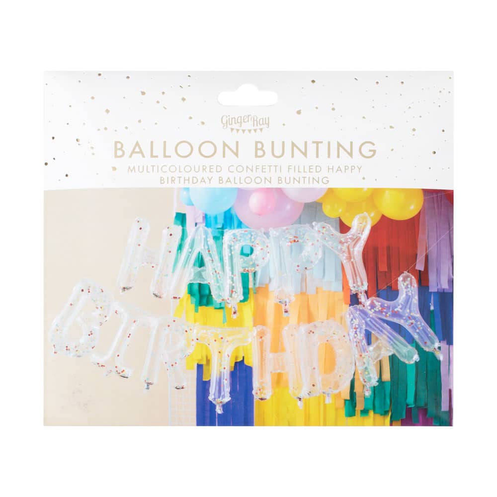 Happy birthday gjennomsiktig ballong-banner med farget konfetti