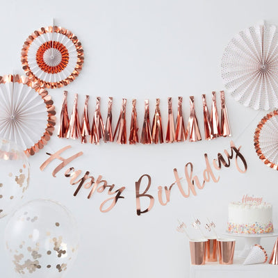 Happy Birthday bursdagsbanner i roségull